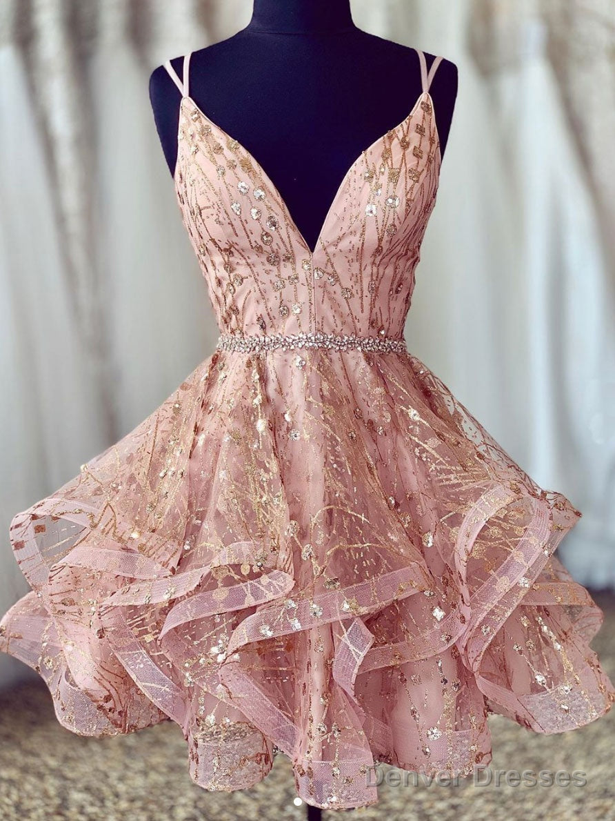 Pink V Neck Tulle Short Prom Dress, Pink Homecoming Dress Main image