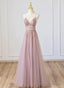 Pink V-neckline Beaded Straps Floor Length Party Dress, Pink Long Formal Dress