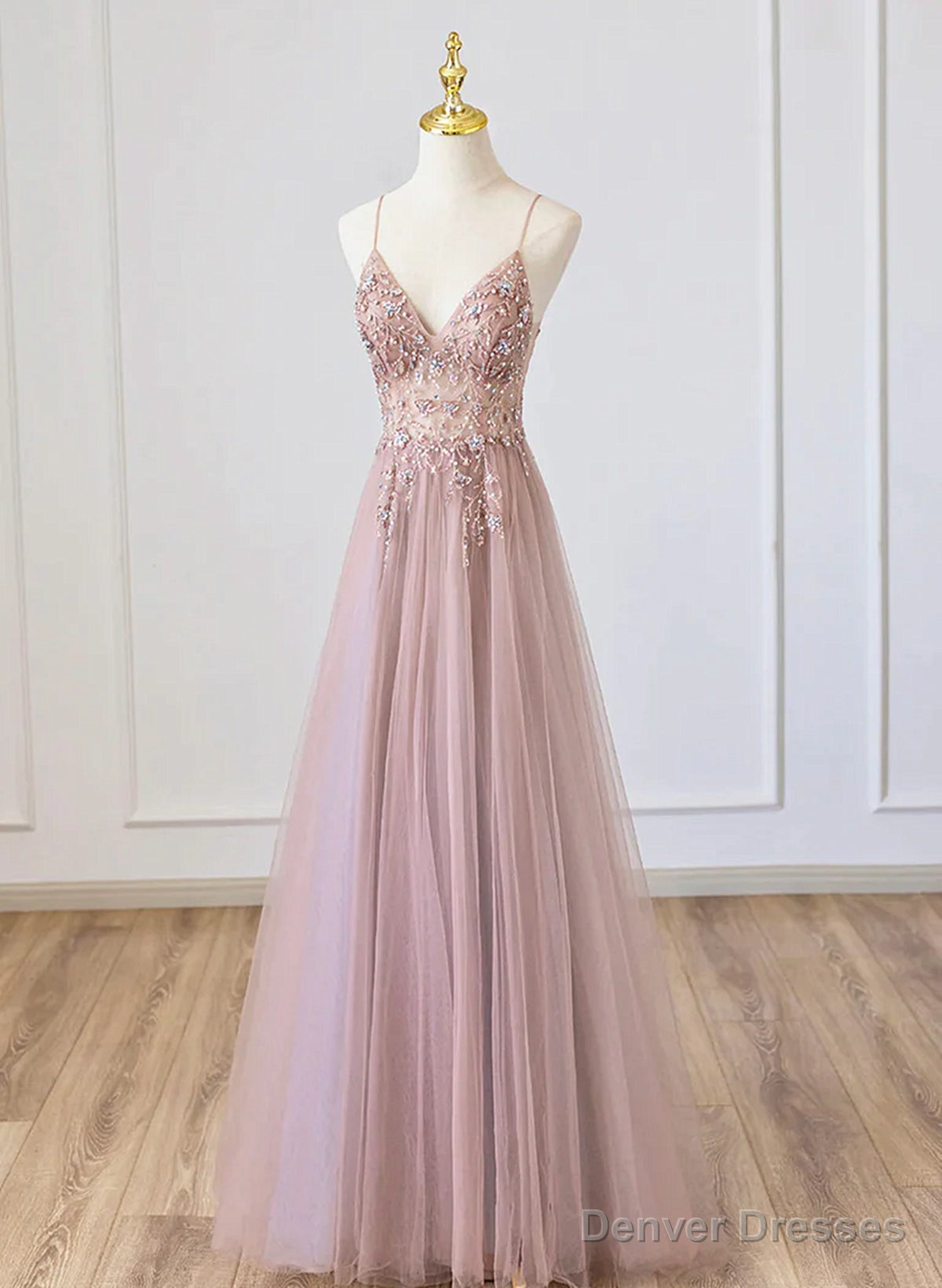 Pink V-neckline Beaded Straps Floor Length Party Dress, Pink Long Formal Dress Main image