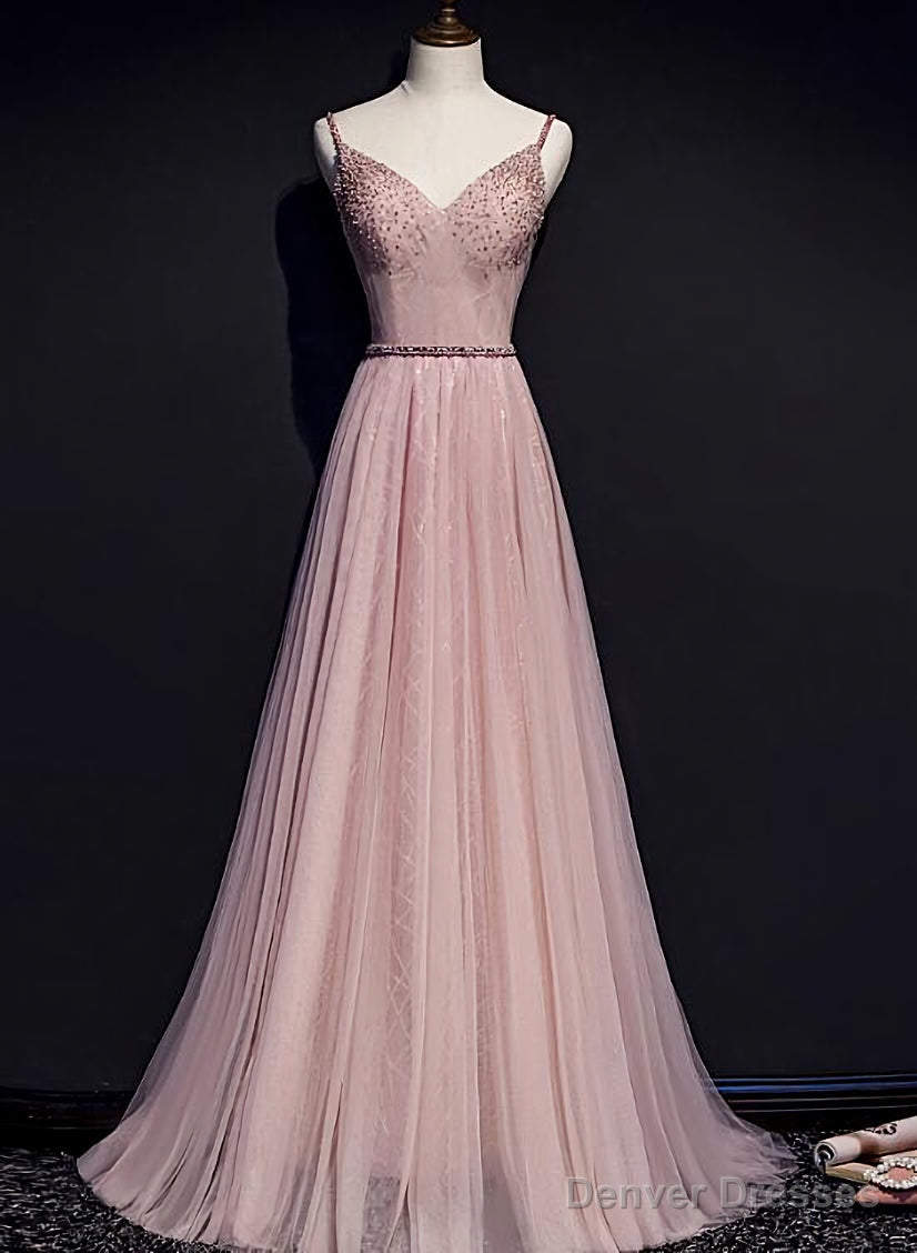 Pink V-neckline Beaded Tulle Prom Dress , Party Gown Main image