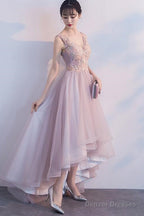 Pink V-Neckline High Low Fashionable Party Dress, Pink Prom Dress