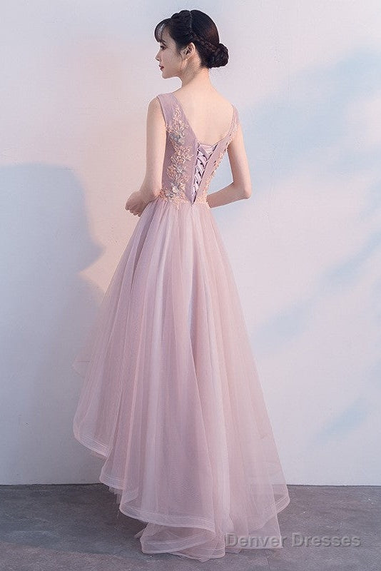 Pink V-Neckline High Low Formal Dress, Lace Applique Homecoming Dress Secondary image