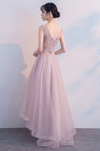 Pink V-Neckline High Low Formal Dress, Lace Applique Homecoming Dress