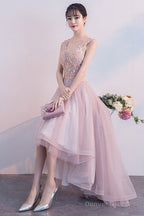 Pink V-Neckline High Low Formal Dress, Lace Applique Homecoming Dress