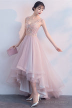 Pink V-Neckline High Low Formal Dress, Lace Applique Homecoming Dress