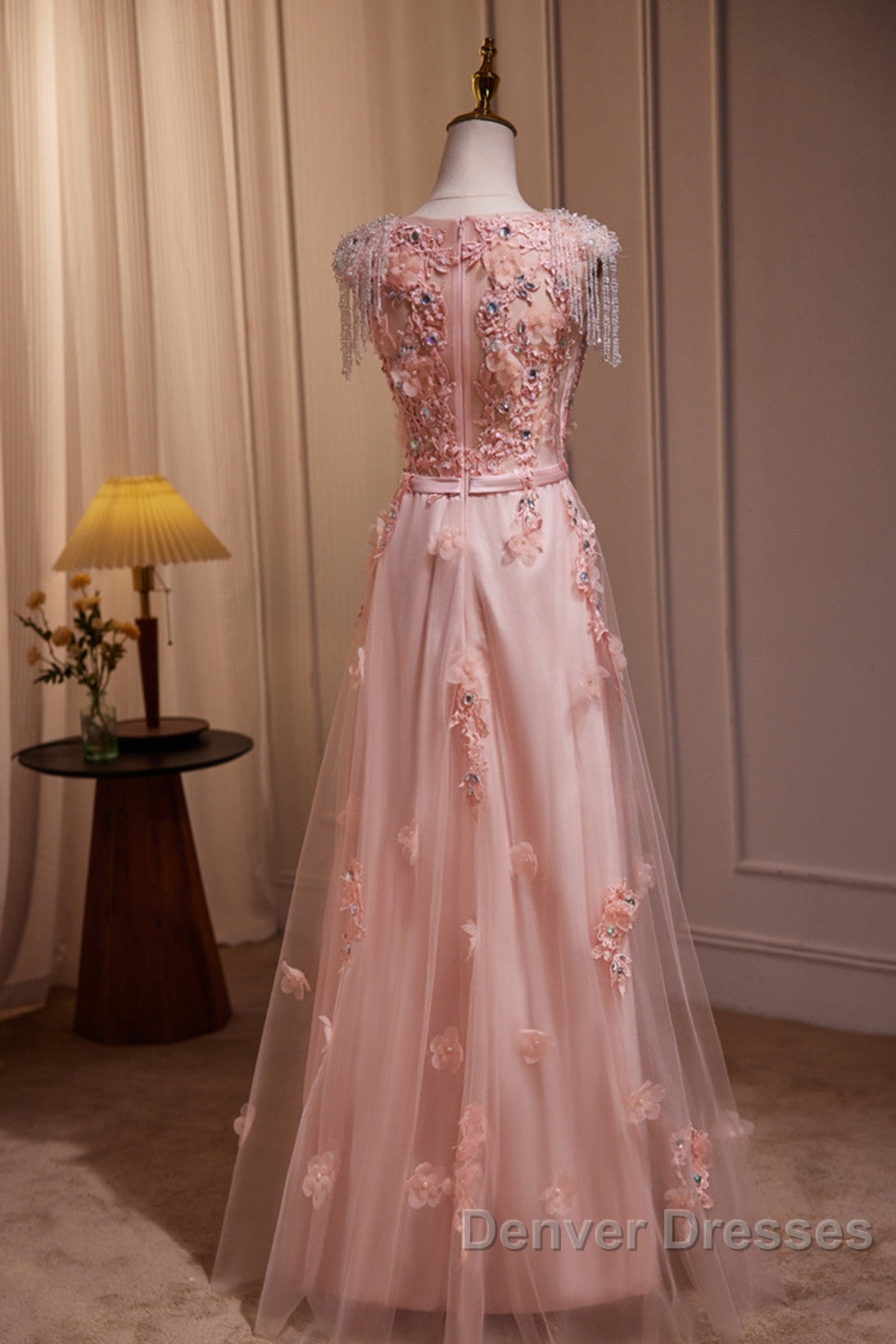 Pink V-Neckline Tulle Beaded With Lace Applique Prom Dress, Pink Party Dress Secondary image