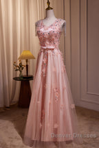 Pink V-Neckline Tulle Beaded With Lace Applique Prom Dress, Pink Party Dress