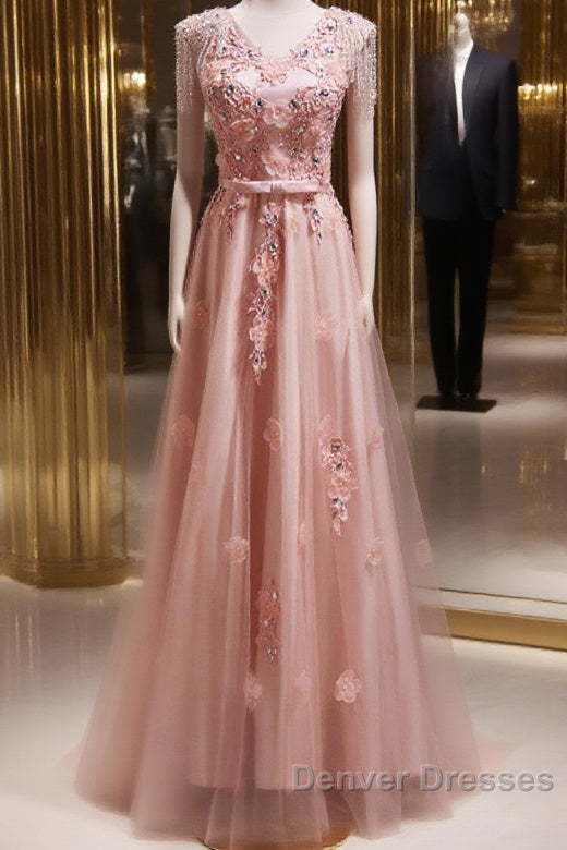Pink V-Neckline Tulle Beaded With Lace Applique Prom Dress, Pink Party Dress Main image