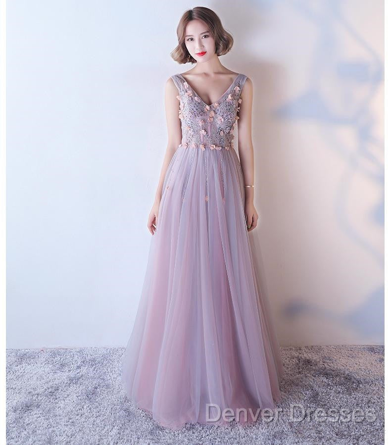 Pink V-Neckline Tulle With Flowers Beaded Long Party Dress, Junior Prom Dress Secondary image