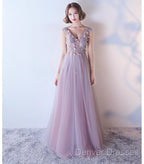 Pink V-Neckline Tulle With Flowers Beaded Long Party Dress, Junior Prom Dress