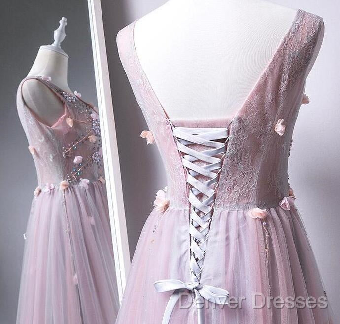Pink V-Neckline Tulle With Flowers Beaded Long Party Dress, Junior Prom Dress