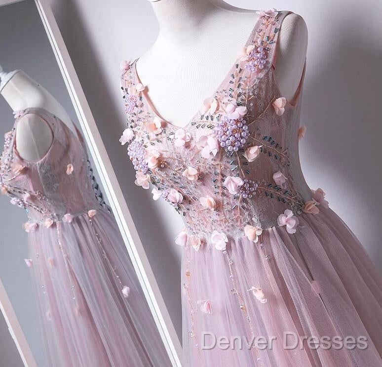 Pink V-Neckline Tulle With Flowers Beaded Long Party Dress, Junior Prom Dress