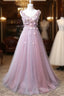 Pink V-Neckline Tulle With Flowers Beaded Long Party Dress, Junior Prom Dress