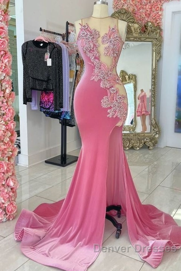 Pink Velvet Applique Beaded Prom Dress, Sexy Mermaid Slit Evening Dress Main image