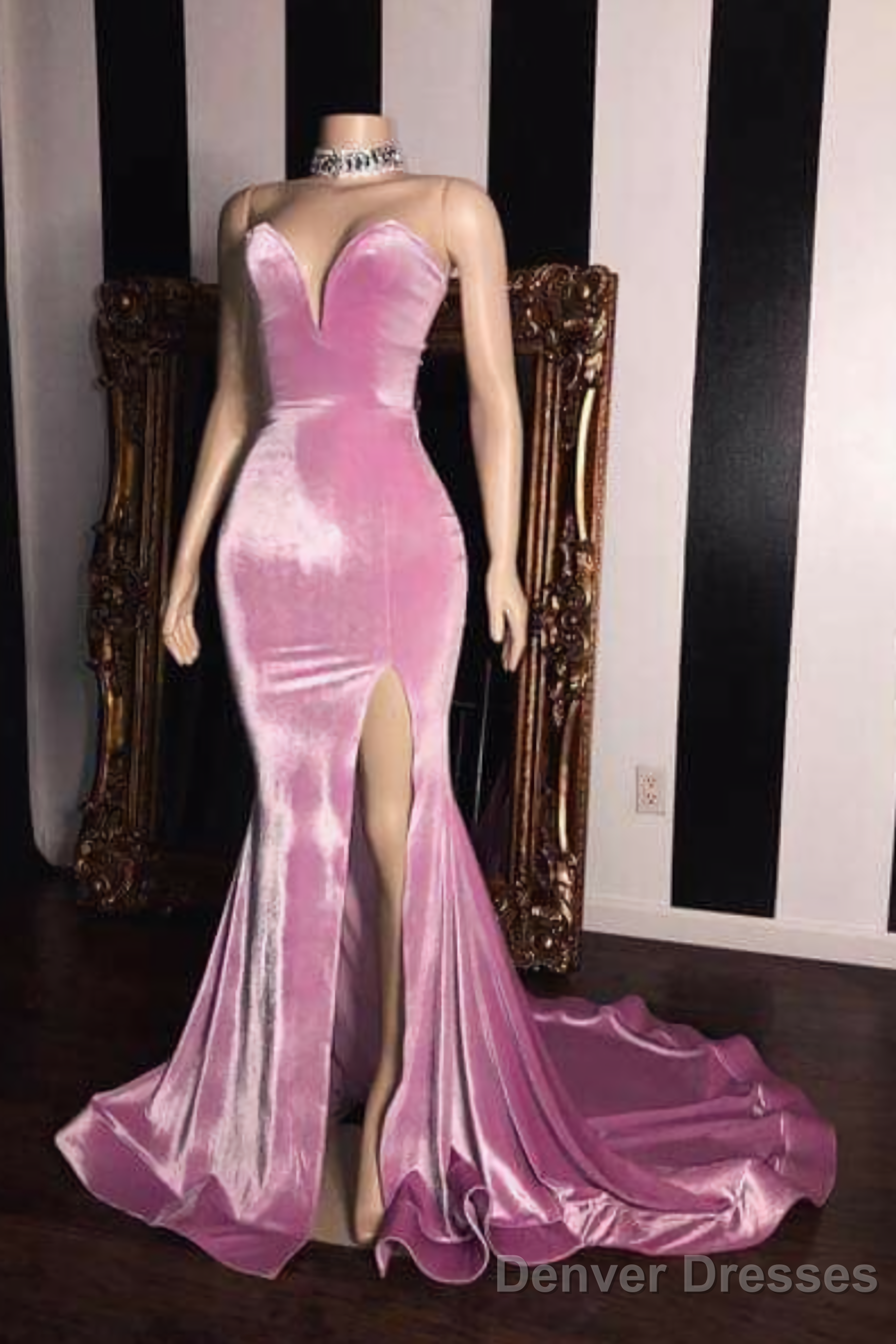 Pink Velvet Prom Evening Dresses With Mermaid Skirt Main image