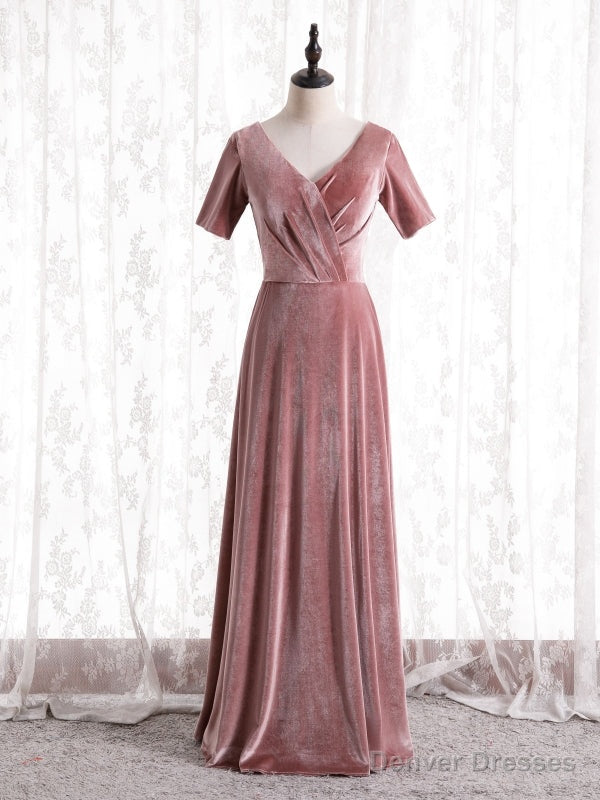 Pink Velvet V-neck Short Sleeve Prom Dress Main image