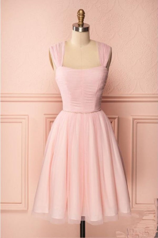 Pink Vintage Tulle Knee Length Homecoming Dress Straps Graduation Dresses Main image