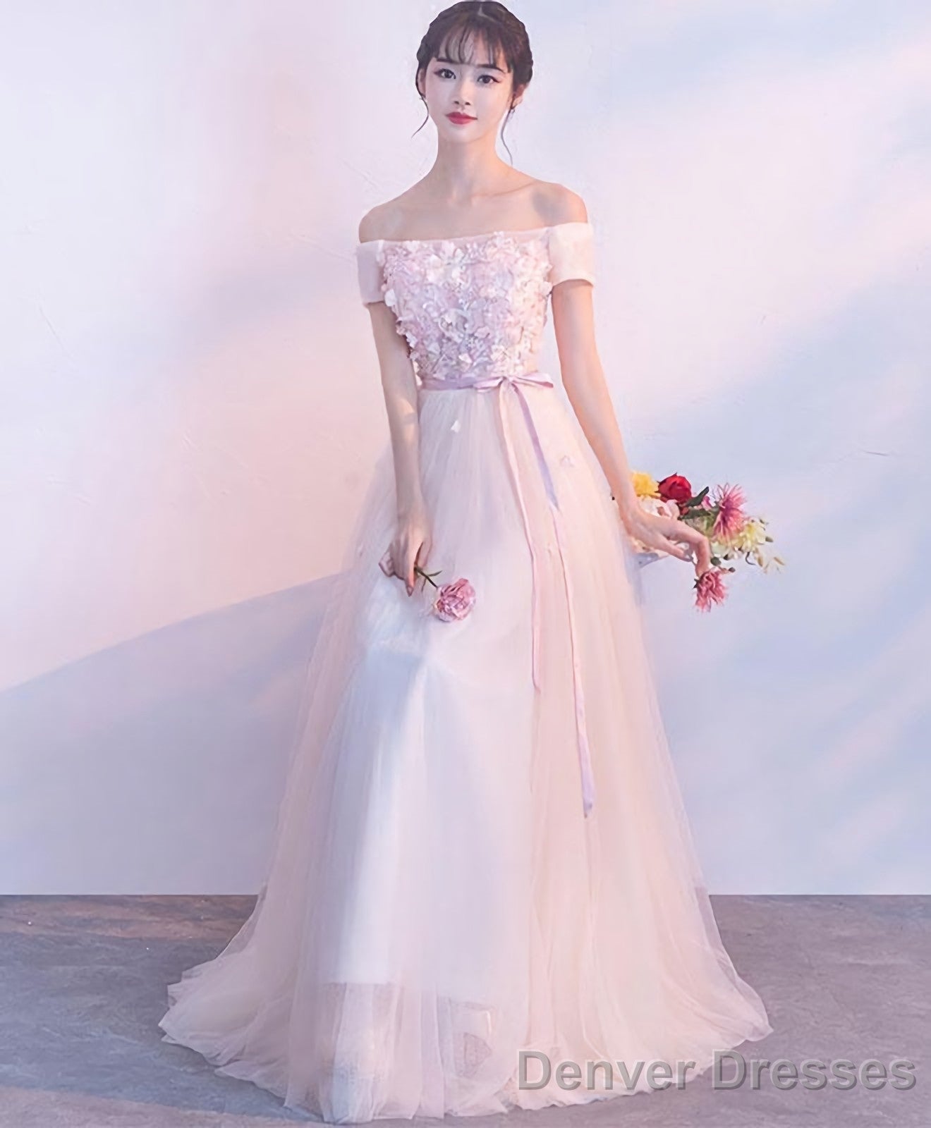 Pink Tulle Off Shoulder Long Prom Dress Pink Evening Dress Secondary image