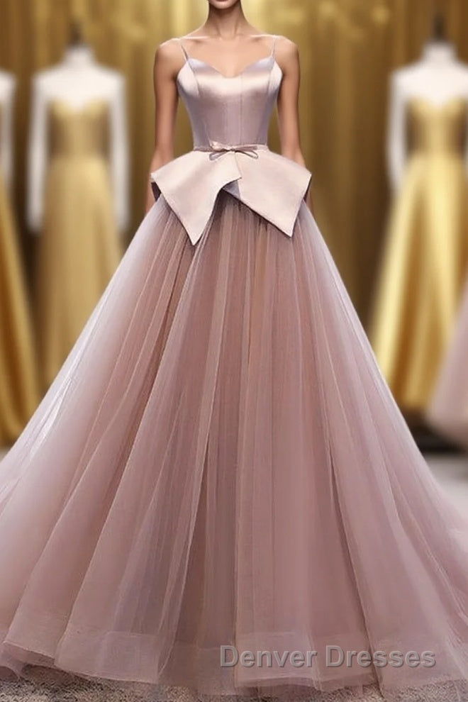 Pink Spaghetti Straps Tulle Long Formal Prom Dress, Unique Long Wedding Dess Main image