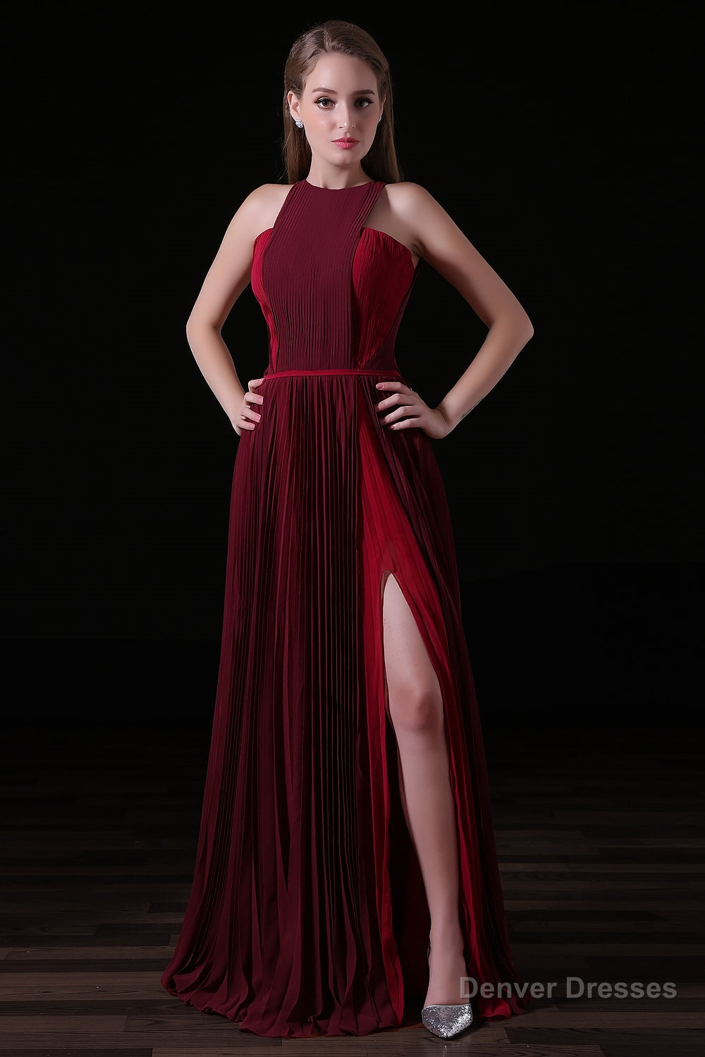 Pleat Draped Side Slit Off Shoulder Zipper Burgundy Bridesmaid Dresses Main image