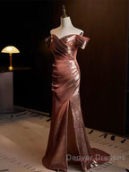 Pleat Trumpet Mermaid Coffee Sequin Prom Dress With Slit