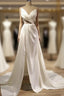 Pleated V Neck High Slit Satin Wedding Dress