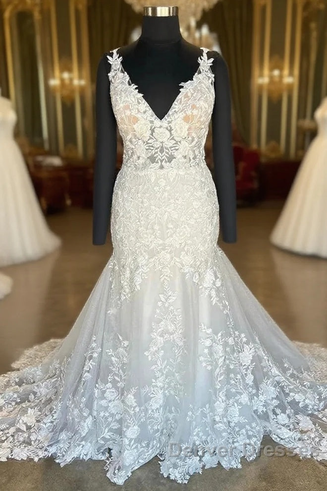 Plunging V Neck Appliques Trumpet Sweeping Wedding Dress Main image