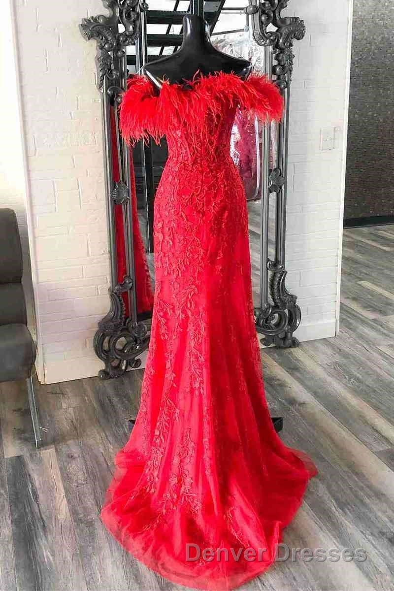 Plunging V-Neck Red Feather Shoulder Long Prom Dress Gala Evening Gown Secondary image