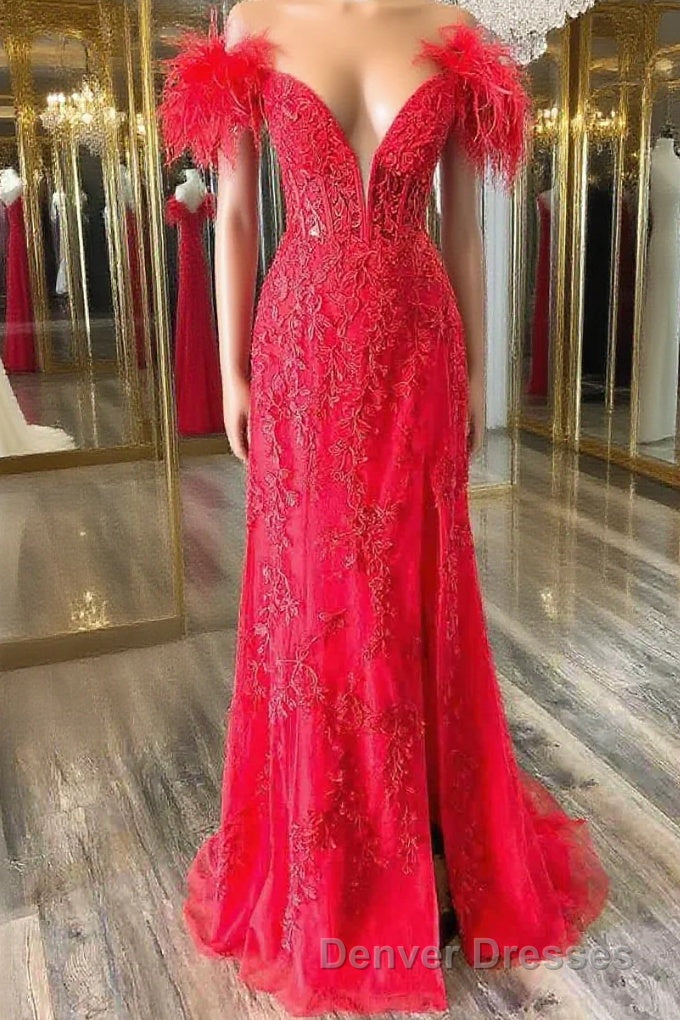 Plunging V-Neck Red Feather Shoulder Long Prom Dress Gala Evening Gown Main image