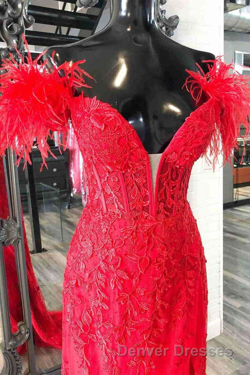 Plunging V-Neck Red Feather Shoulder Long Prom Dress Gala Evening Gown