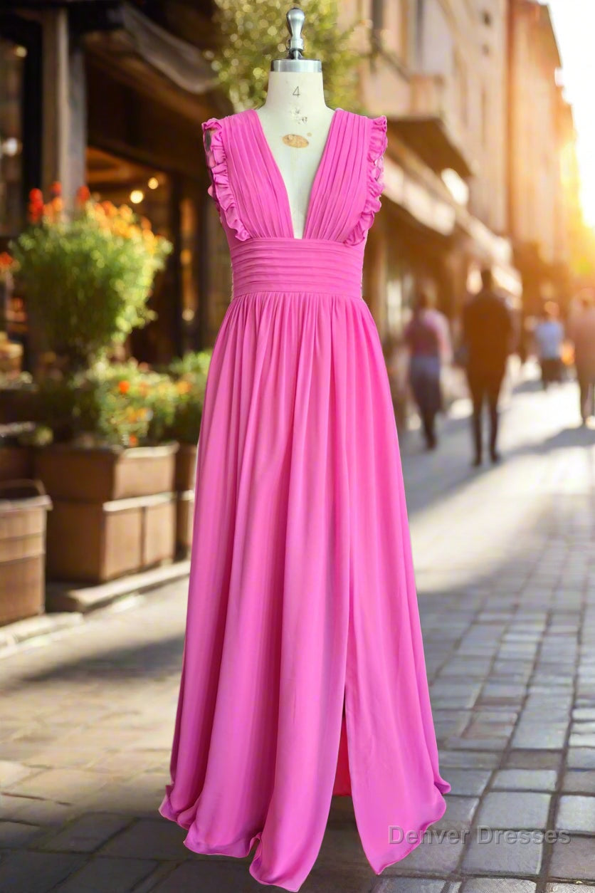 Plunging V-neck Ruffles Pleated Fuchsia Bridesmaid Dress With Silt Main image