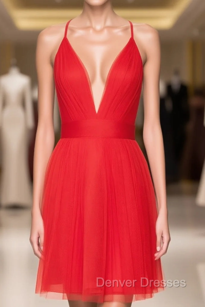 Plunging V Neck Tulle Short A-line Homecoming Dress With Pleated Main image