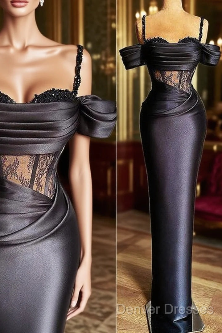 Plus Size Arabic Aso Ebi Black Lace Beaded Prom Dress Spaghetti Sheath Satin Evening Formal Party Second Reception Gowns Main image