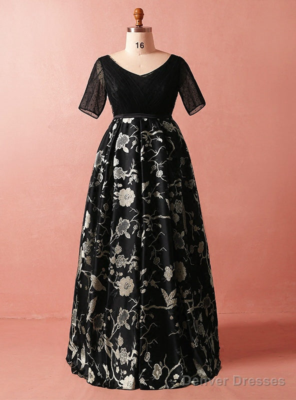 Plus Size Black Print High Waist Short Sleeve Prom Dress Main image