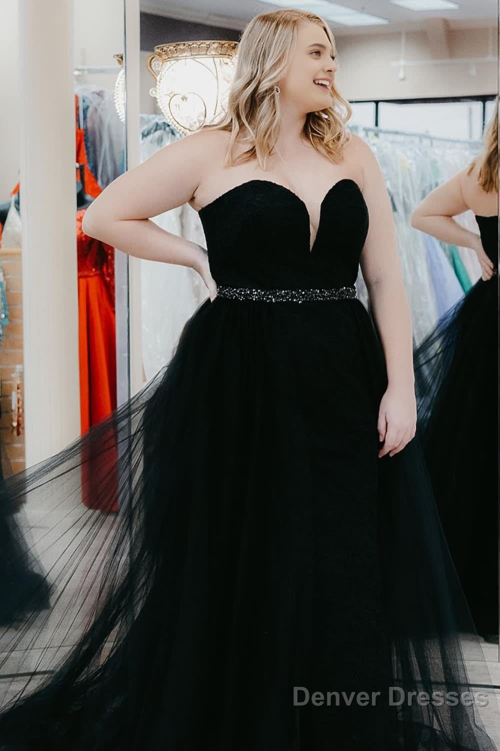 Plus Size Black Tulle Long Prom Dress with Beading Main image