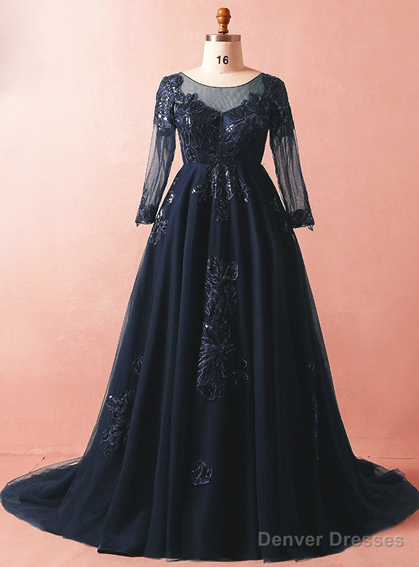 Plus Size Blue Tulle Appliques Long Sleeve Floor Length Prom Dress Main image