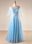Plus Size Blue Tulle Print Short Sleeve Backless Prom Dress