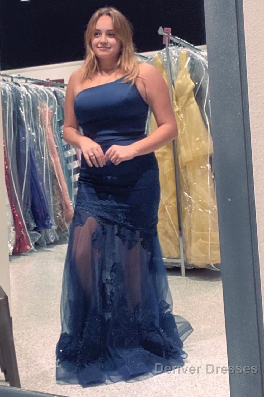 Plus Size Dark Blue One Shoulder Long Prom Dress Main image
