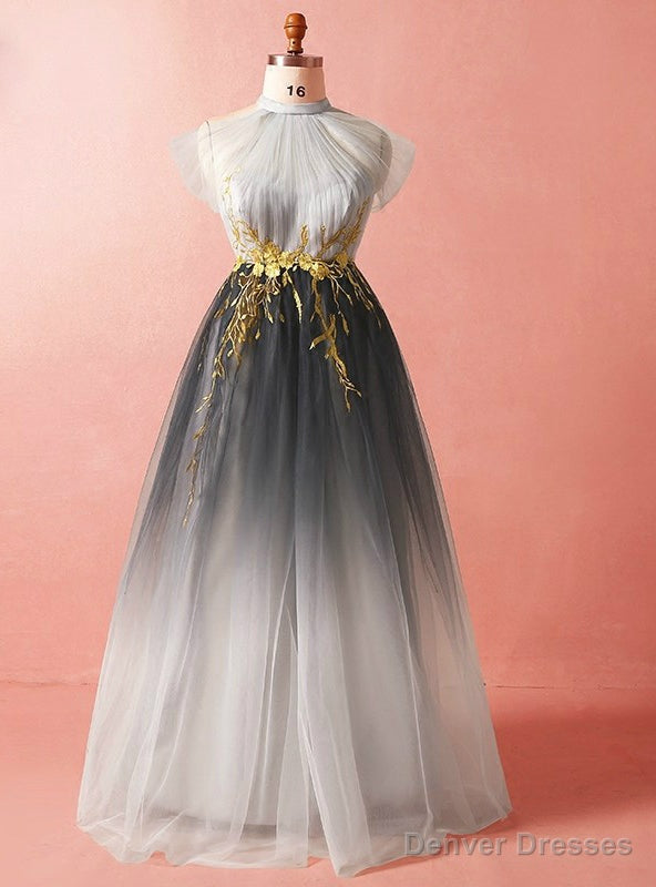 Plus Size Gray High Neck Tulle Appliques Prom Dress Main image