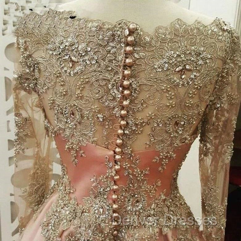Plus Size Muslim Evening Dress A-Line Long Sleeves Pearls Lace Islamic Dubai Kaftan Saudi Arabic Long Formal Evening Gown