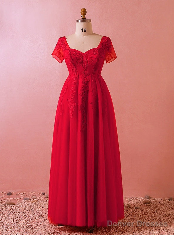 Plus Size Red Tulle Appliques Short Sleeve Floor Length Prom Dress Main image