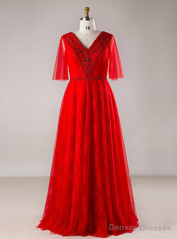 Plus Size Red Tulle V-neck Backless Floor Length Prom Dress Main image