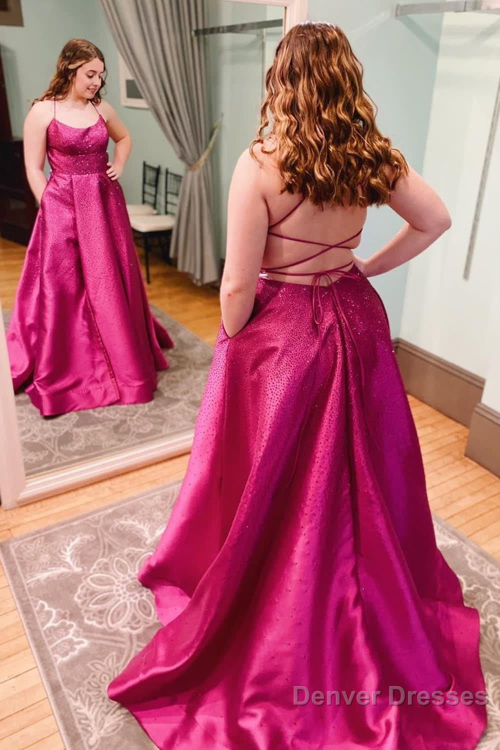 Plus Size Satin Halter Hot Pink Long Prom Dress with Beading Main image