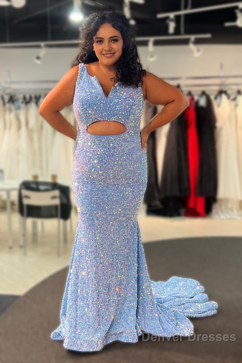 Plus Size Sparkly Mermaid Light Blue Sequins Long Prom Dress Main image