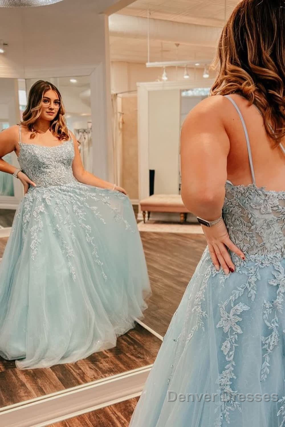 Plus Size Tulle Light Blue Spaghetti Straps Long Prom Dress with Appliques Main image