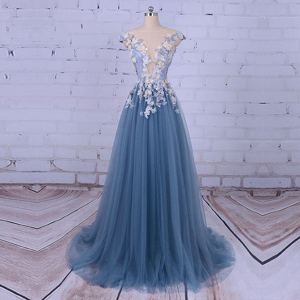 Popular Handmade Flowers V-neck Blue A-line Prom Gown Dresses Secondary image