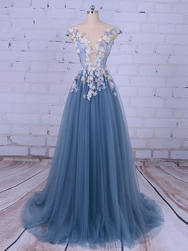 Popular Handmade Flowers V-neck Blue A-line Prom Gown Dresses Main image
