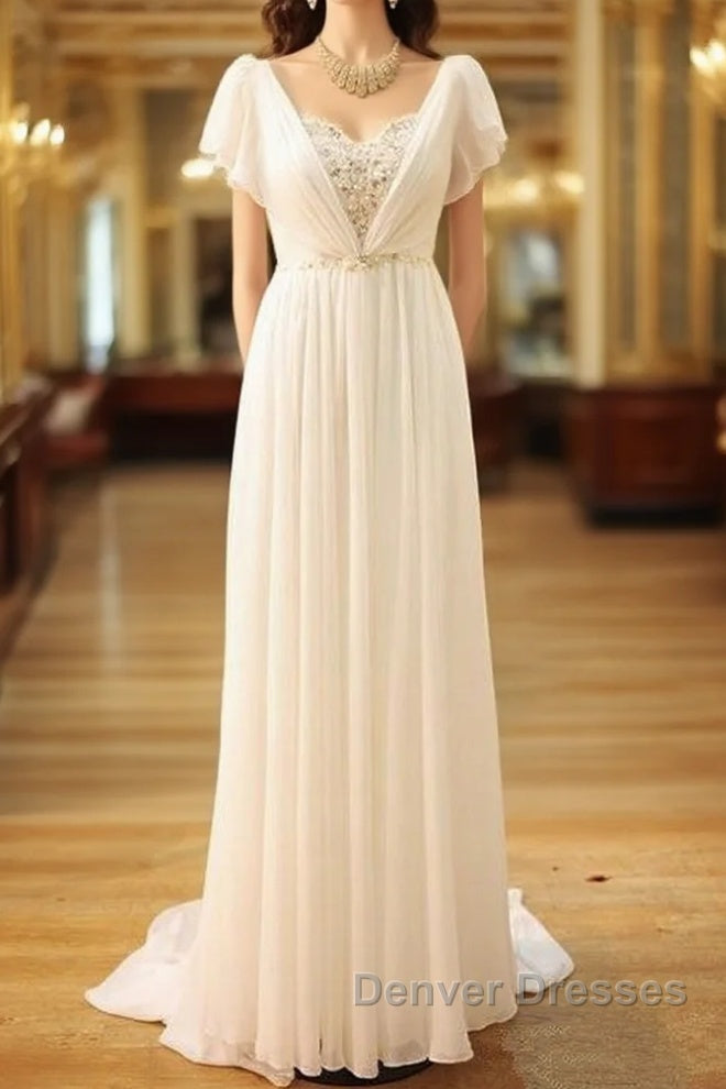 Popular Vintage Wedding Dress Bohemia Short Sleeves Beads Peals Chiffon Bridal Dress Main image