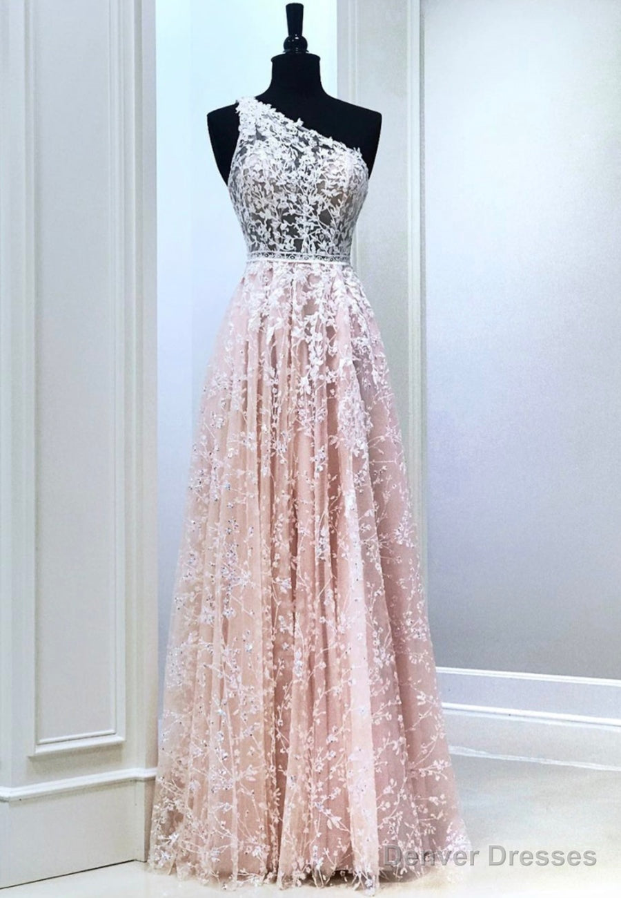 Pink Lace Long Prom Dresses, One Shoulder Evening Party Dresses