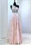 Pink Lace Long Prom Dresses, One Shoulder Evening Party Dresses